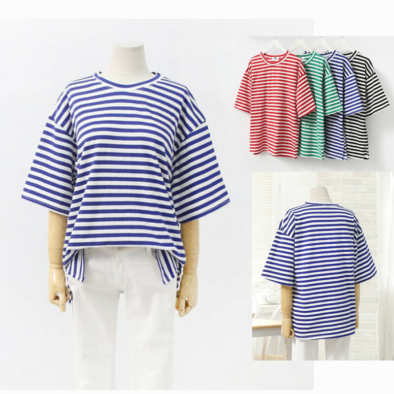 樂天商城 - ボーダー半袖スリット入りゆったりTシャツカットソー