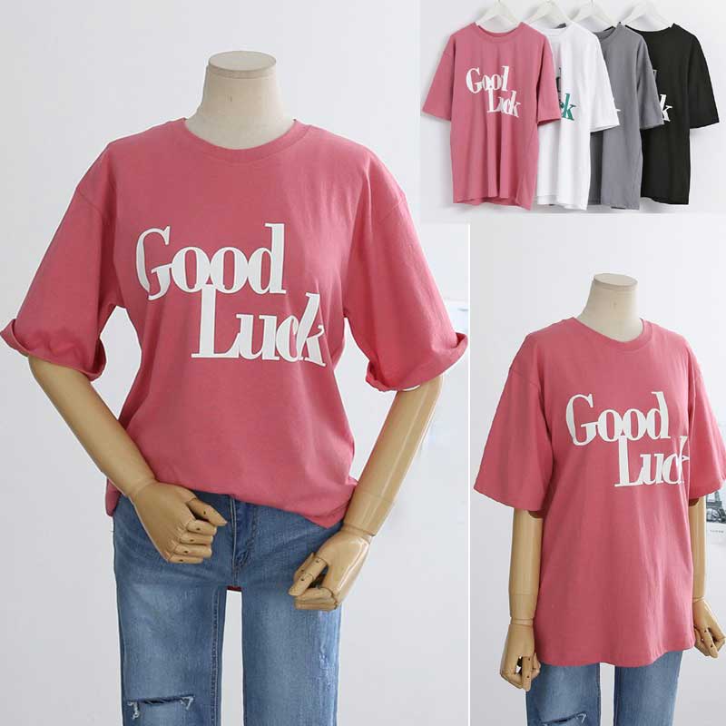 樂天商城 - 英字プリント[GOOD LUCK]シンプルTシャツカットソー