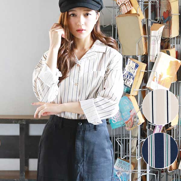 樂天商城 - ストライプ開襟 ルーズシャツ