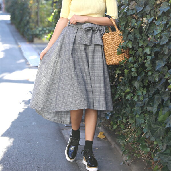 樂天商城 - グレンチェック柄 テールカット フレアスカート ロングスカート リボンベルト付き ミディ丈