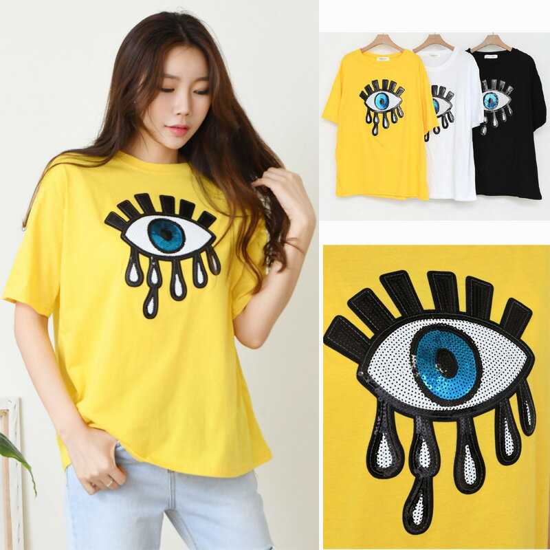 樂天商城 - ブルーアイ♪スパンコール半袖Tシャツカットソー 青い目 Blue Eye トップス
