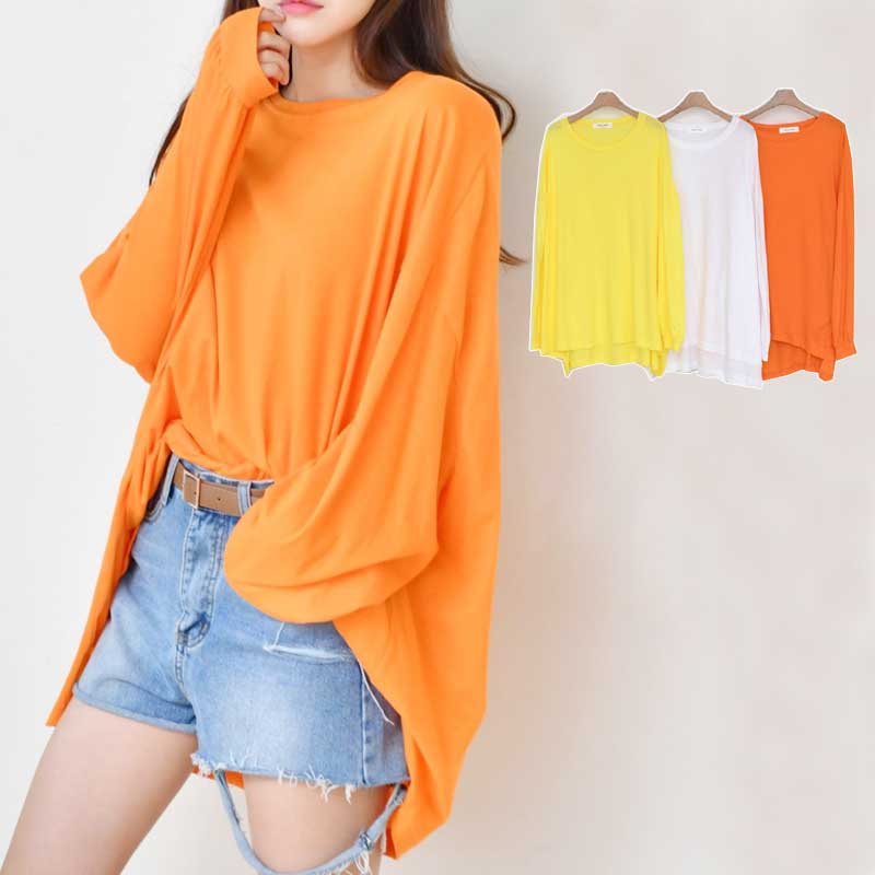 ゆったりルーズシルエット♪前後丈違いロング丈長袖Tシャツカットソー/バックロング 無地