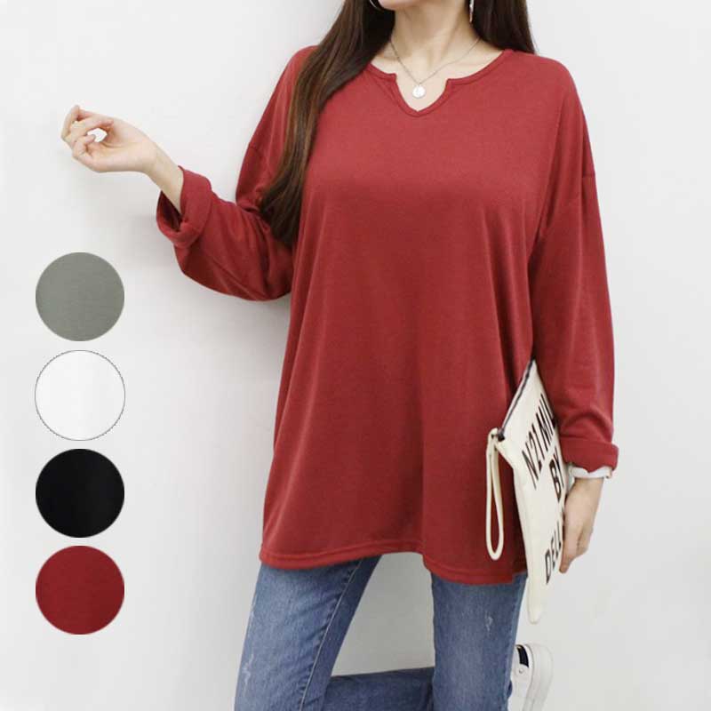 カットソー キーネック ゆったりサイズ Tシャツ トップス 長袖 ロング丈 ネック切...