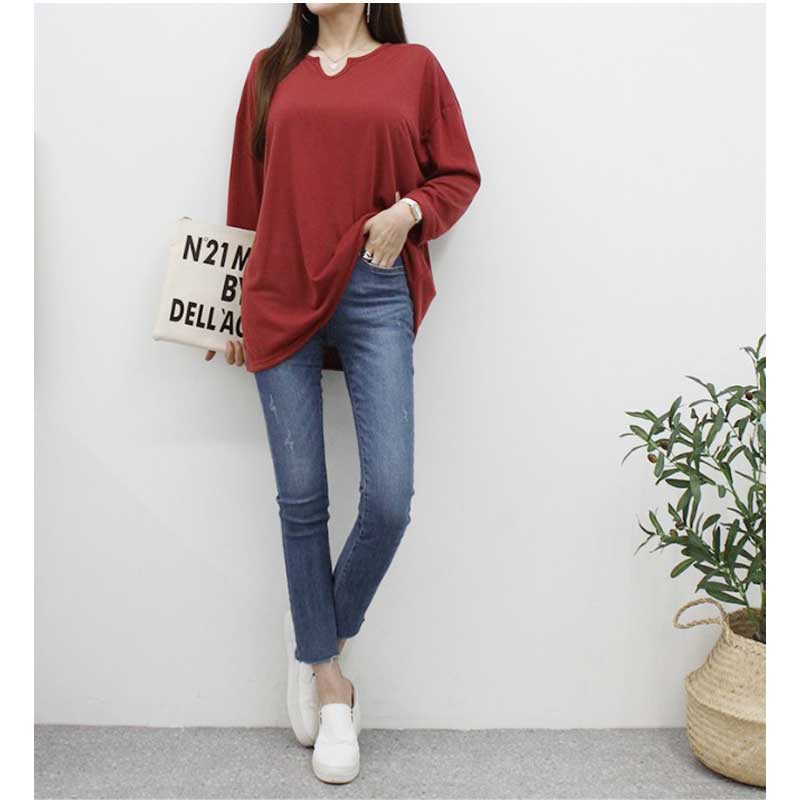 カットソー キーネック ゆったりサイズ Tシャツ トップス 長袖 ロング丈 ネック切...