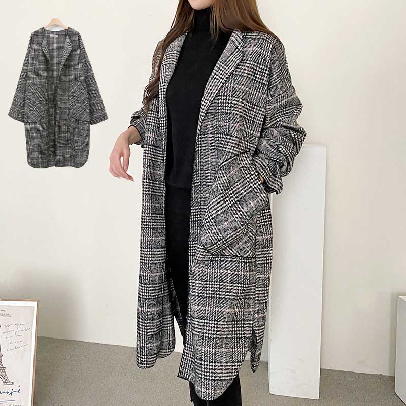 チェスターコート チェック柄 ロングコート アウター ポケット付 シンプル レディース