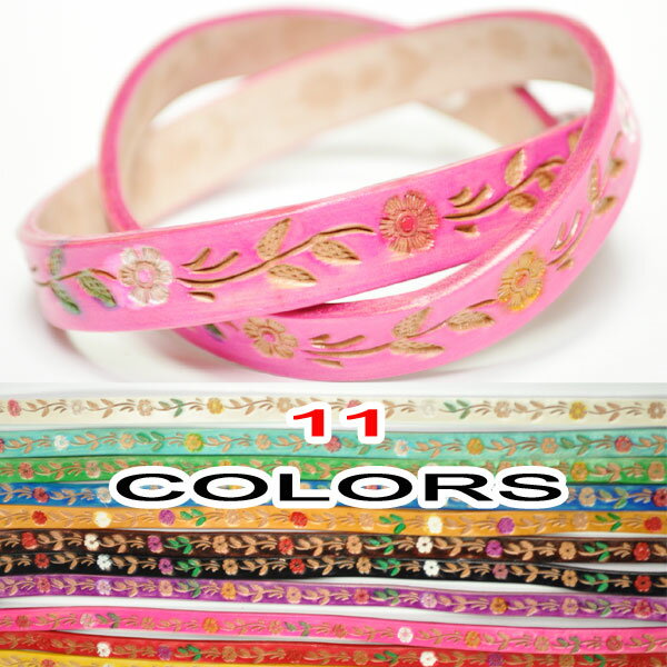 【送料無料】　フラワー（花柄）彫刻2連レザーブレスレット 本皮【全11色】