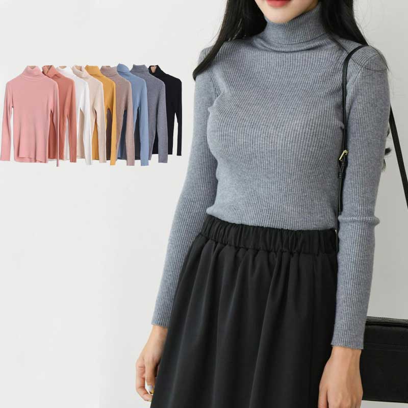 樂天商城 - タートルネック リブニット 長袖 Tシャツ トップス リブ地 Tシャツ カットソー