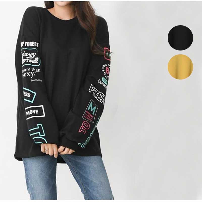 樂天商城 - トップス スウェット 袖英字ロゴプリント 長袖 Tシャツカット カジュアル ゆったり