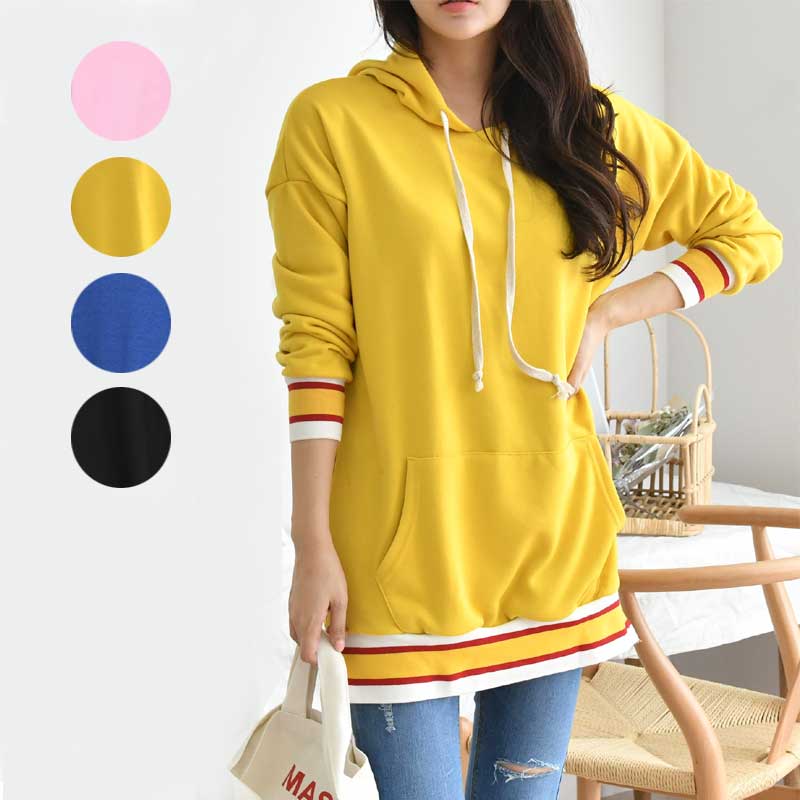 樂天商城 - パーカー 長袖 プルオーバー ボーダー裾 ボーダー袖 フード付き カジュアル