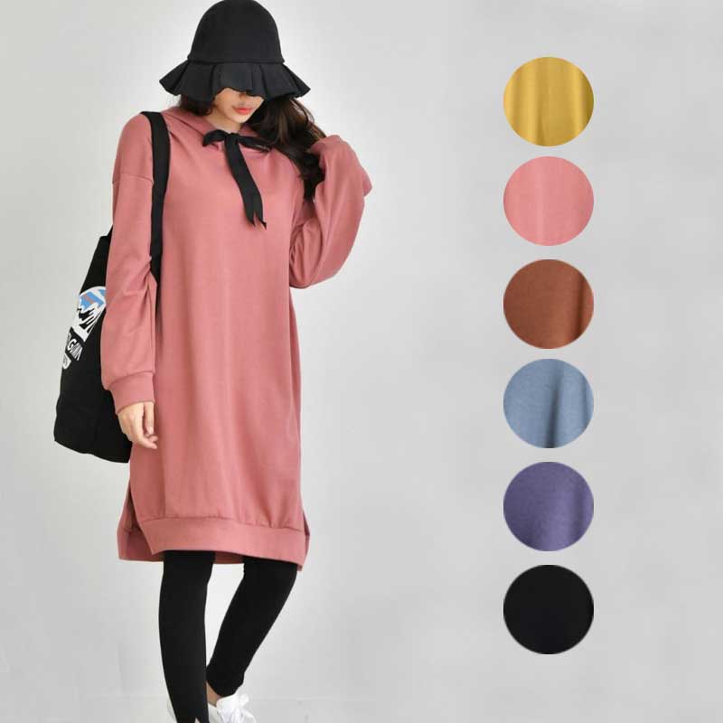 樂天商城 - スウェットパーカーワンピース フード付き プルオーバー フード付き 無地 スリット入り