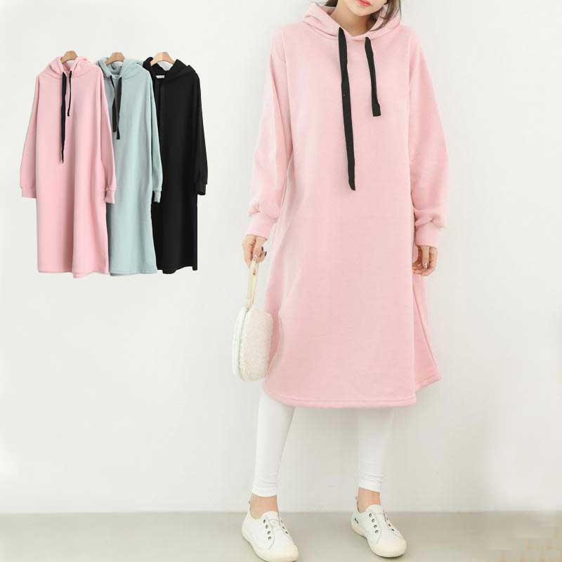 樂天商城 - 裏起毛 Aラインワンピース プルオーバー 長袖 パーカー ポケット付き ロング丈 ゆったり あったか