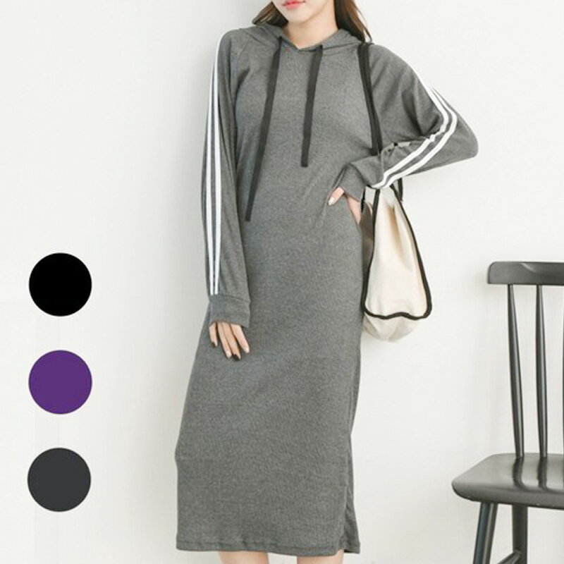 樂天商城 - ワンピース 2本線 リプ地 パーカー プルオーバー 長袖 リブ地 ライン フード付き