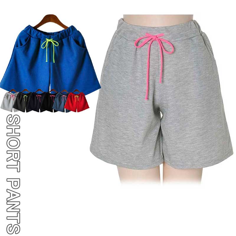 【送料無料】4分丈ショートパンツ スウェット ウエストゴム＆紐つき 短パン ショーパン 無地 シンプル レディース