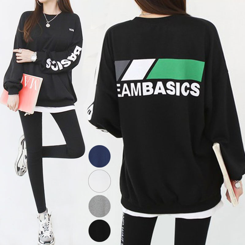 樂天商城 - プルオーバー スウェット 英字[TEAM…]プリント トレーナー ゆったり ロング丈 長袖 トップス