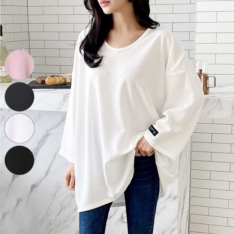 樂天商城 - トップス ゆったりサイズ ロング丈 袖ラベル付き 無地 プルオーバー Tシャツカットソー