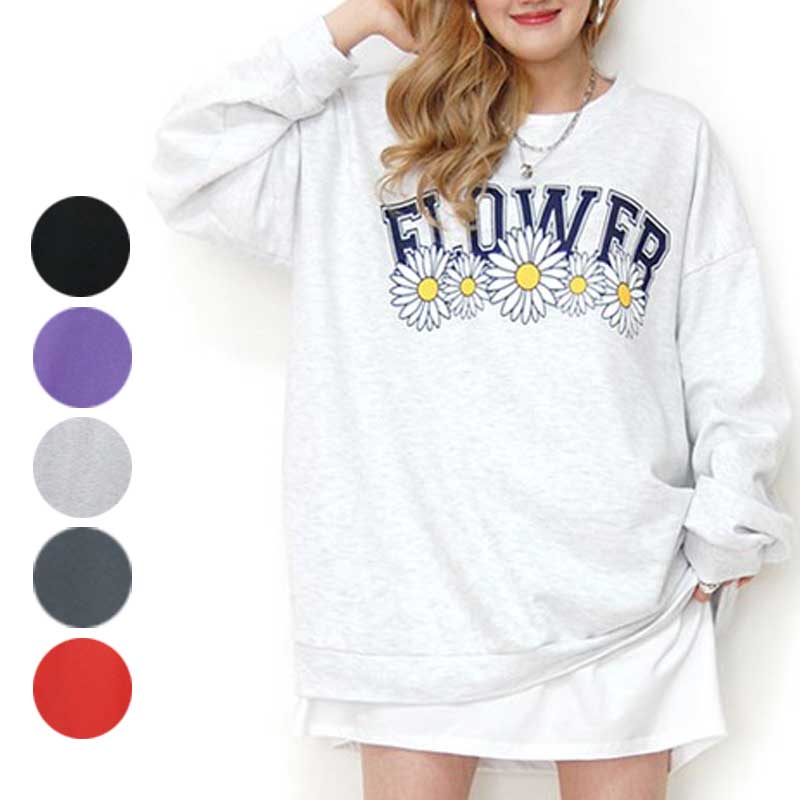 プルオーバー スウェット 花＆英字[FLOWER]プリント トレーナー ゆったりサイズ ロング丈 長袖 トップス