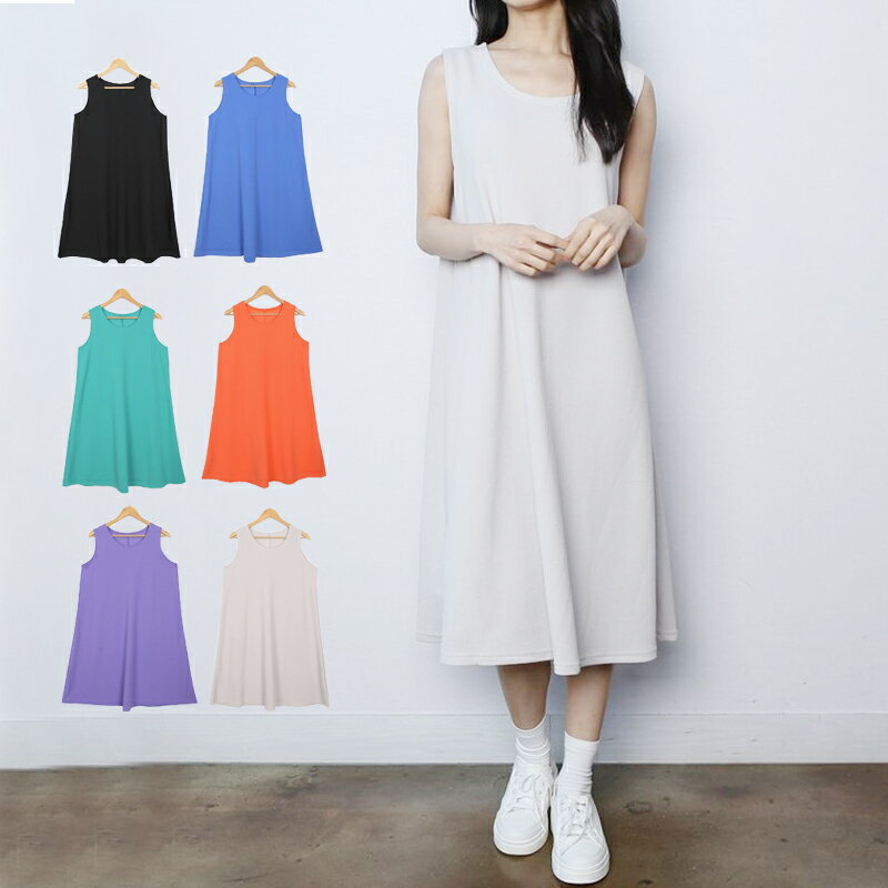 樂天商城 - ワンピース ノースリーブ タンクトップ Aライン フレア ゆったり 無地