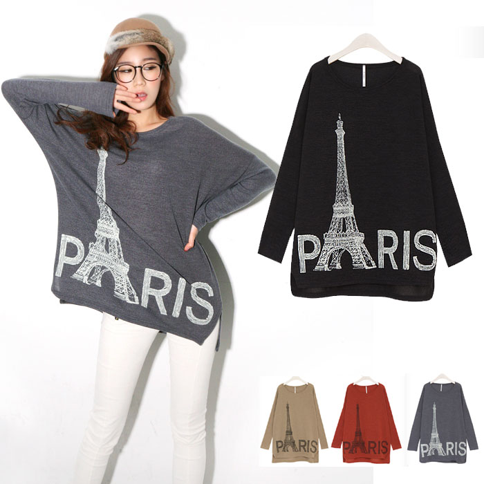 樂天商城 - トップス ニットソー 裏起毛 PARISプリントゆったりシルエット ニットドルマンスリーブ チュニック バックロング カッソー