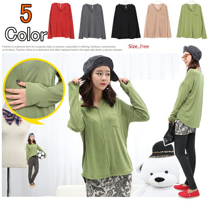 樂天商城 - ネック切り込み＆胸ポケットデザイン無地長袖Tシャツカットソー