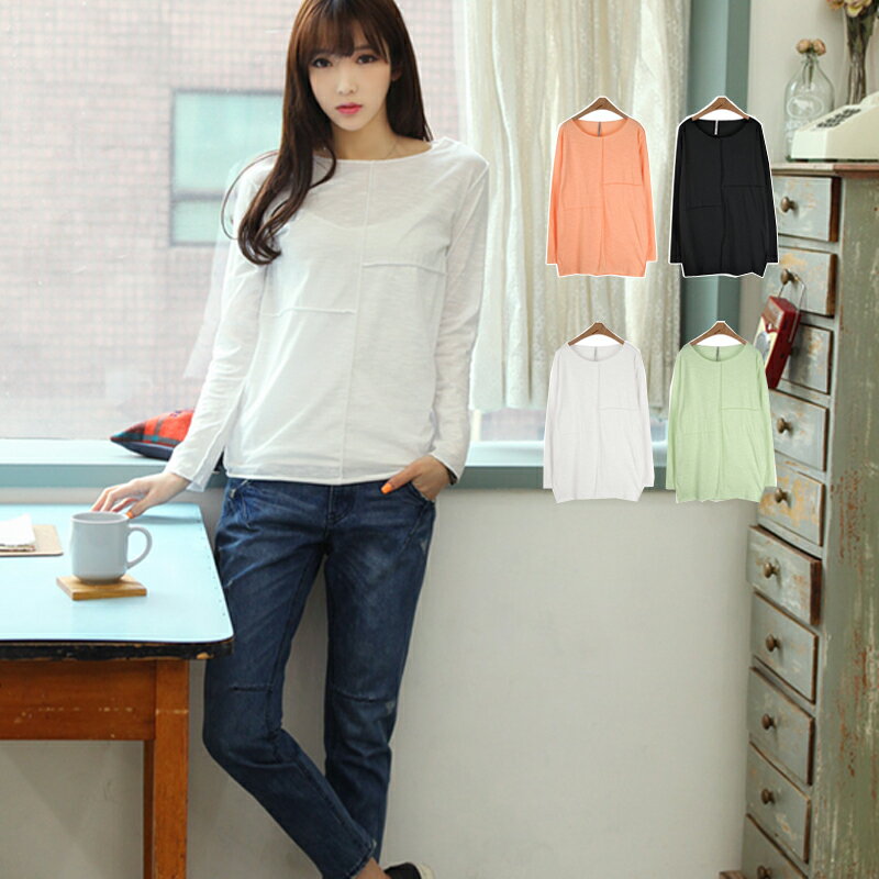 樂天商城 - パッチワークロング丈長袖カットソー/チュニック 無地 トップス