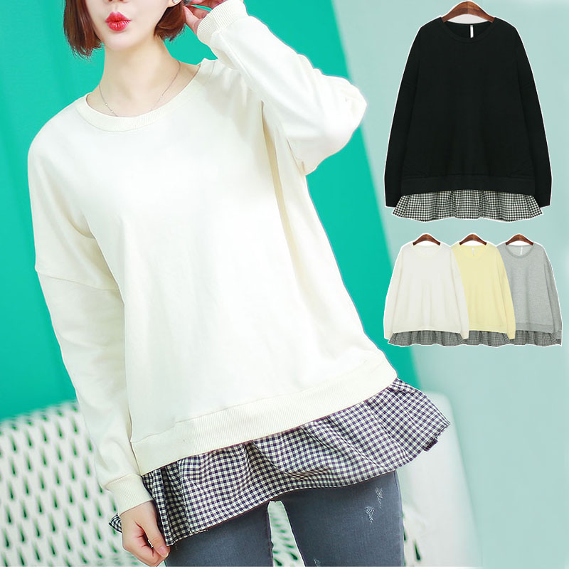 樂天商城 - 重ね着スタイル♪スウェット×裾チェック柄レイヤードトップスカットソー チュニック レイヤード