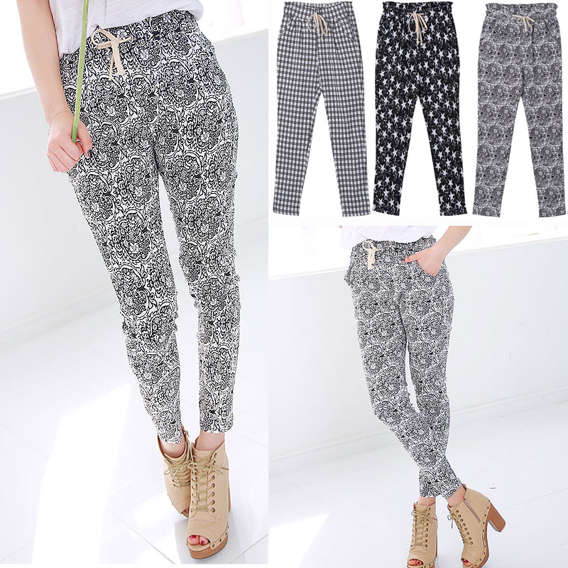 総柄ポケット付き9分丈パンツ/ウエスト紐＆ゴムで楽ちん サブリナ スター柄・花柄・チェック柄