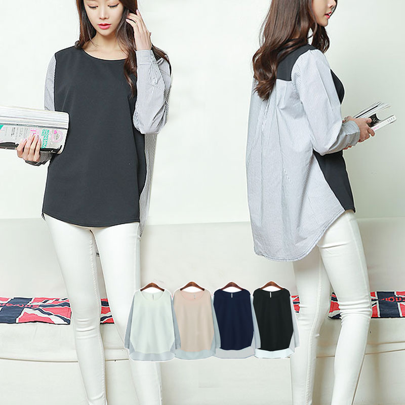 樂天商城 - ストライプ切り替え長袖Tシャツカットソー/バックロング