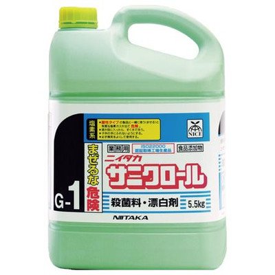 使用量： 水1Lに対して1.5g その他： ●アルカリ性●色物・柄物には使用できません●酸性の製品とは併用不可 【在庫について】在庫状況はリアルタイム表示でないため、ご注文をお受けしても実際の在庫が売り切れている場合があります。その場合、お取り寄せにお時間を頂くことがあったり、欠品・廃盤等によりご注文をキャンセルさせて頂くことがありますことをあらかじめご了承下さいませ。 【お色について】 ○商品仕様、カラー等はメーカー事情等により予告なく変更される場合がありますのでご了承下さい。 ○商品のカラーは画面や写真の性質上、実際とは異なる場合がありますのでご了承下さい。 【表示について】 ×：　売り切れました。 ※次回入荷日をお知らせいたしますのでお問い合せください。 ------------------------------------- ○電話：0743-20-2579（月〜金 AM10:00〜PM8:00 / 日 AM10:00〜PM5:00） ○E-Mail：sales_minna@kaigo-okumura.co.jp（終日お受付け可）　サニクロール　G-1　5.5Kg×3本入 サニクロール　G-1　5.5Kg×3本入 食品・食材に安心な食品添加物の殺菌料です！ ふきん・まな板・食器の漂白に！ ●食品・食材に安心な食品添加物の殺菌料です！ ●ふきん・まな板・食器の漂白に！