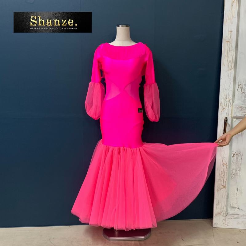 今だけお値引き【14時までのご注文確定/即日発送】≪BASHA製≫SMサイズ 社交ダンス モダン スタンダード ダンス ドレス 衣装 お呼ばれ パーティー ピンク 蛍光 ショッキングピンク 蛍光ピンク 7分丈袖 ダンスドレス 発表会 モダンドレス ロングドレス shanze