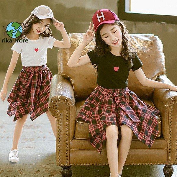 子供服 セットアップ キッズ 女の子 半袖 春夏 2点セット 上下セット Tシャツ 薄手 膝丈スカート チェック柄 ジュニア おしゃれ カジュアル 可愛い 涼しい 新品