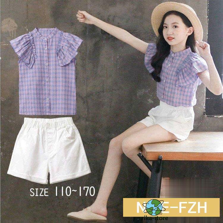 セットアップ 韓国子供服 韓国子ども服 2点セット フリル袖 シャツ チェック柄 韓国こども服 夏 80 90 100 110 120 130 140 150 160 ショートパンツ 上下セット