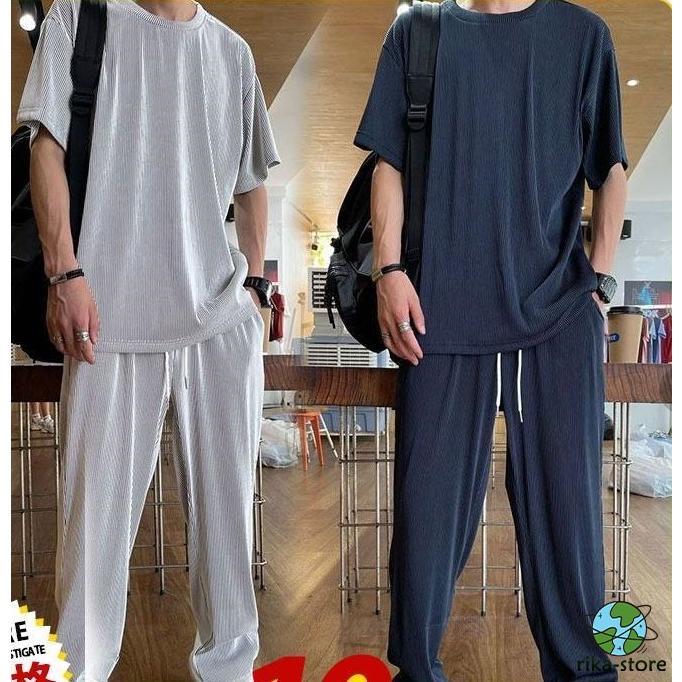 セットアップ メンズ アイスシルクパンツ 父の日 Tシャツ ストレッチ Tシャツ 半袖 上下セット 接触冷感 夏物 カジュアル ルームウェア