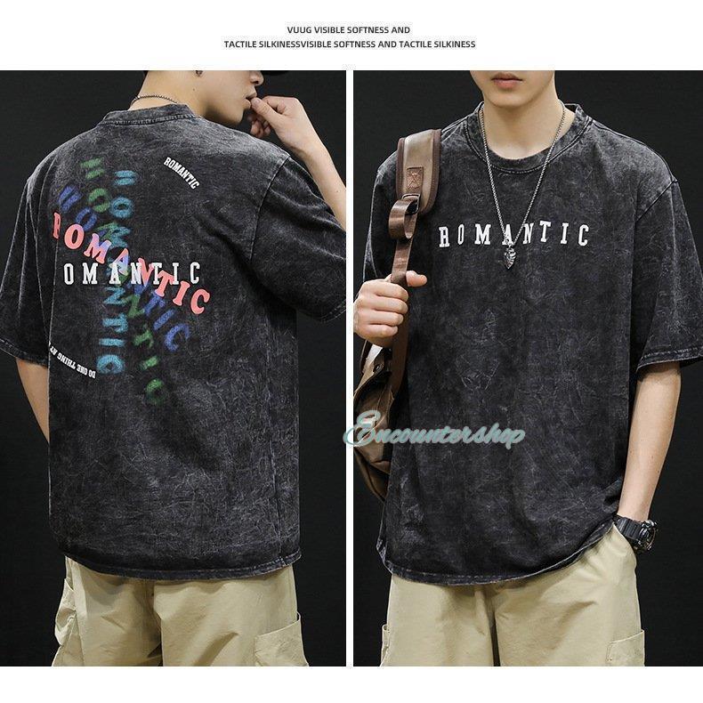 Tシャツ メンズ 半袖 ROMANTIC 英文字 個性 スタイリッシュ ブリーチ加工 カジュアルシャツ 綿 通気 ストレッチ カットソー 夏