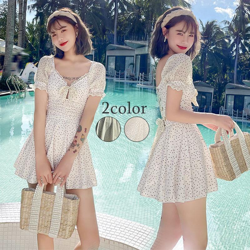 水着レディース 体型カバー 水着 ワンピース型 ショートパンツ水着2点セット レース 小胸バンドゥ 水着 韓国風 大きいサイズ 可愛い スイムウェア