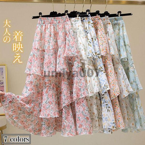 スカート 春夏 レディース ロングスカート プリーツスカート シフォン 体型カバー フレアスカート 花柄 ボトムス Aライン ウェストゴム ゆったり