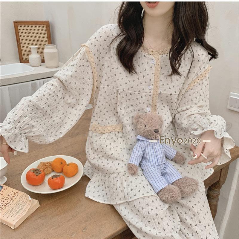 パジャマ レディース 部屋着 上下セット レース 総柄 長袖 長ズボン 姫系 ルームウェア カジュアル ガーゼ ゆったり 寝巻き 春秋 きれいめ おしゃれ