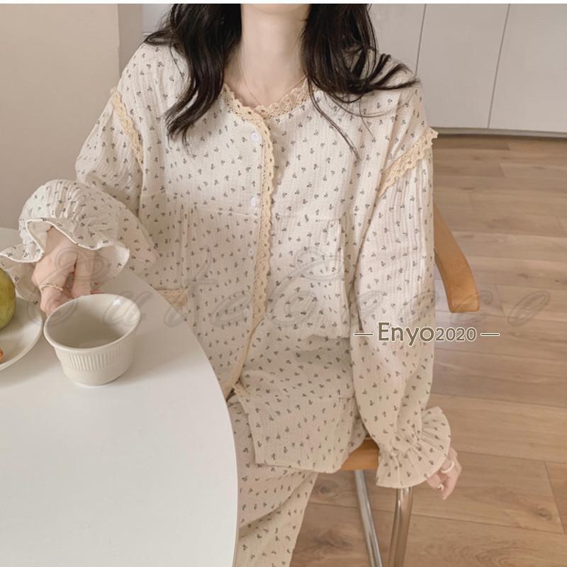 パジャマ レディース 部屋着 上下セット レース 総柄 長袖 長ズボン 姫系 ルームウェア カジュアル ガーゼ ゆったり 寝巻き 春秋 きれいめ おしゃれ