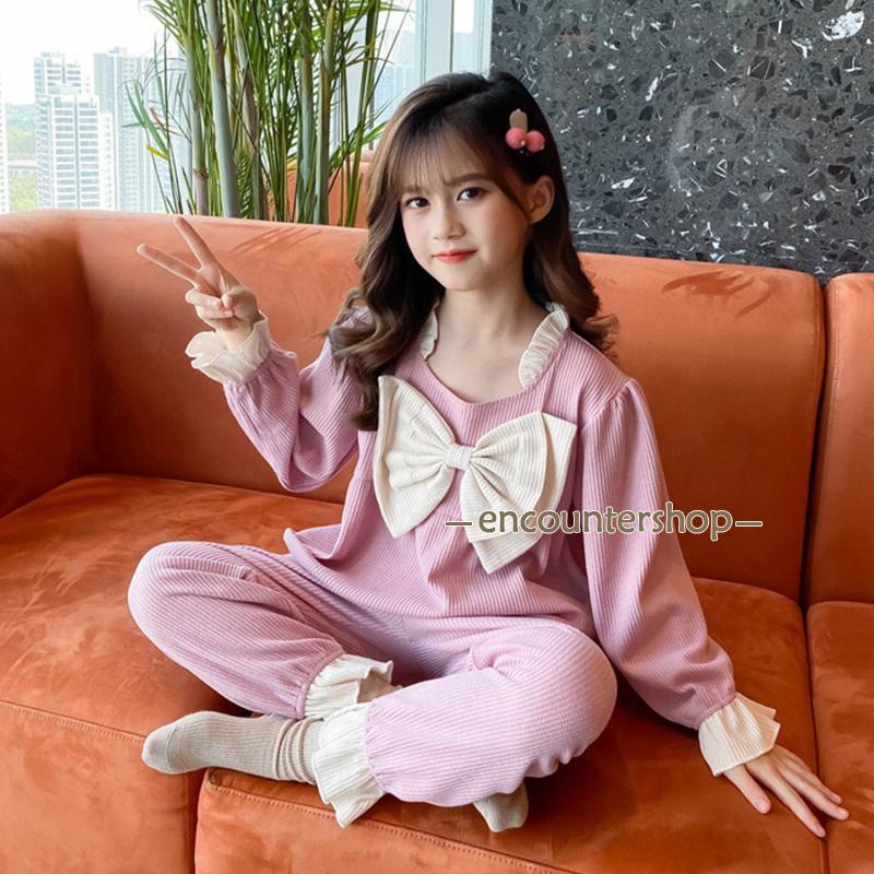 子供パジャマ 上下セット ビッグリボン ワッフル生地 薄手 パジャマ 子ども 女の子 おしゃれ 冬 秋 部屋着 長袖 ルームウェア プリンセス ナイトウェア 可愛い