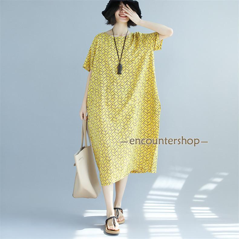 ワンピース 春夏 ロングワンピ レディース 夏 半袖 体型カバー Aライン フレア 綿 幾何柄 レトロ 新作 きれいめ 50代40代30代 オトナ女子向け