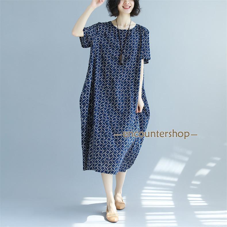 ワンピース 春夏 ロングワンピ レディース 夏 半袖 体型カバー Aライン フレア 綿 幾何柄 レトロ 新作 きれいめ 50代40代30代 オトナ女子向け