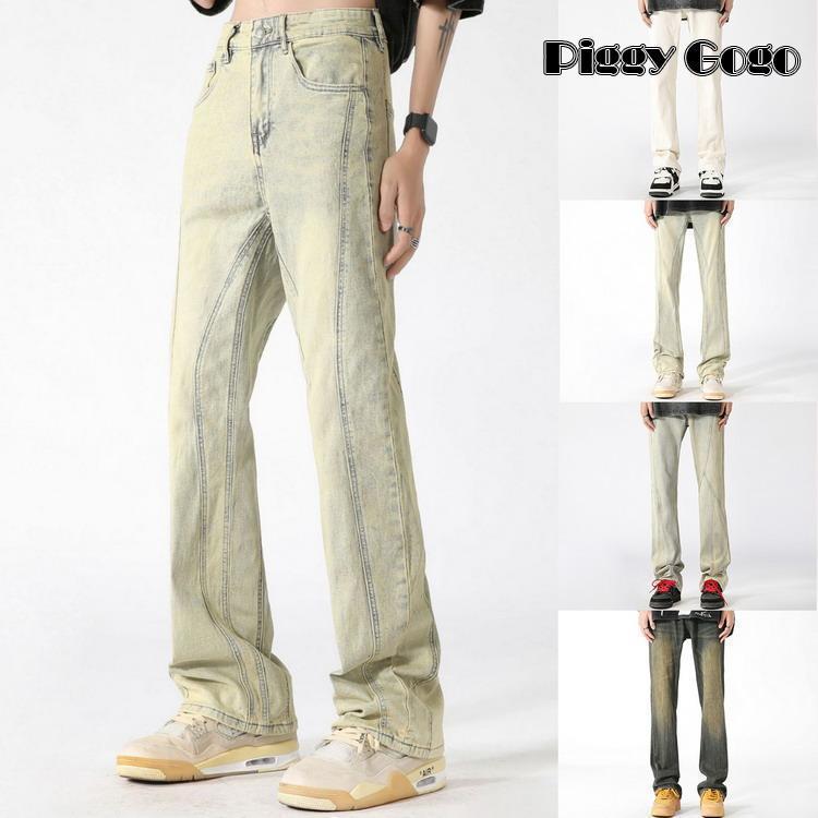 ジーンズ ベルボトム きれいめパンツ デニム パンツ ウォッシュ ヴィンテージ イエロー系 ロングパンツ ボトムス メンズ