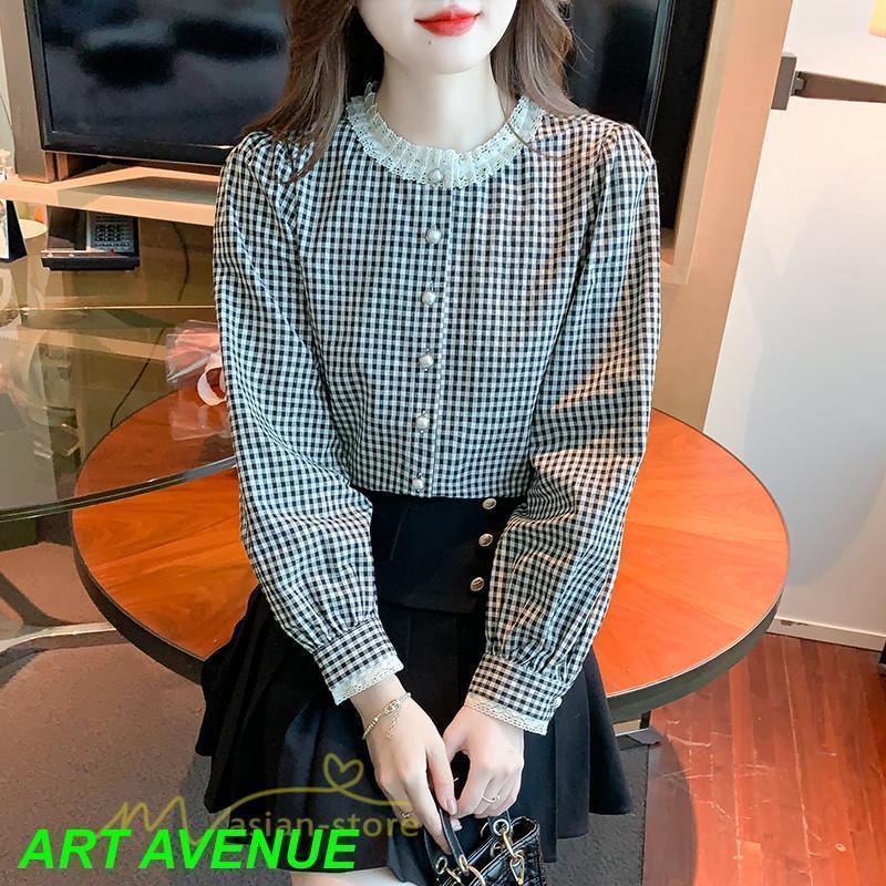 長袖ブラウス レディース 秋物 チェックブラウス レディースシャツ トップス レースネック シャツブラウス 秋コーデ 大人 オフィス 20代30代40代のサムネイル