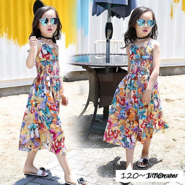 オールインワン サロペット パンツ ジュニア キッズ 女の子 キャミソール ズボン ロングパンツ ワイド フレア ウエストゴム ハイウエスト 蝶 バタ