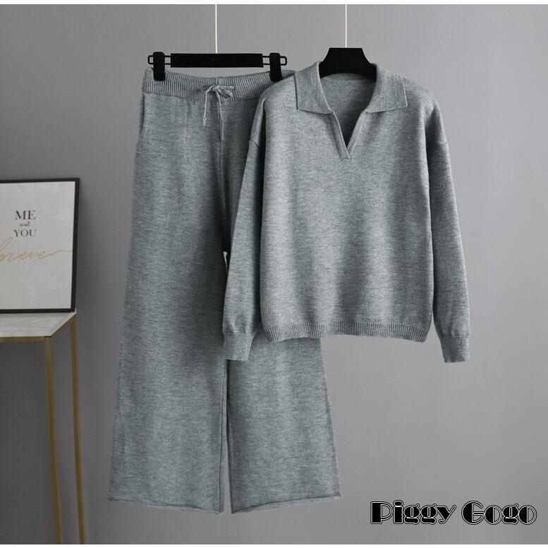 ニット セットアップ ワイドパンツ レディース 秋冬 長袖 ポロシャツ ポケット ケーブル編み おしゃれ ..