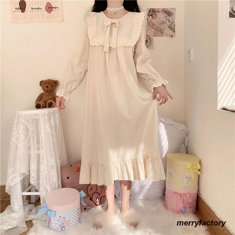 ネグリジェ レディース 春秋 長袖ワンピース レースフレア リボン 可愛いパジャマ ゆったりネグリジェ 部屋着 ナイトロープ ルームウェア 韓国風 オシャレ