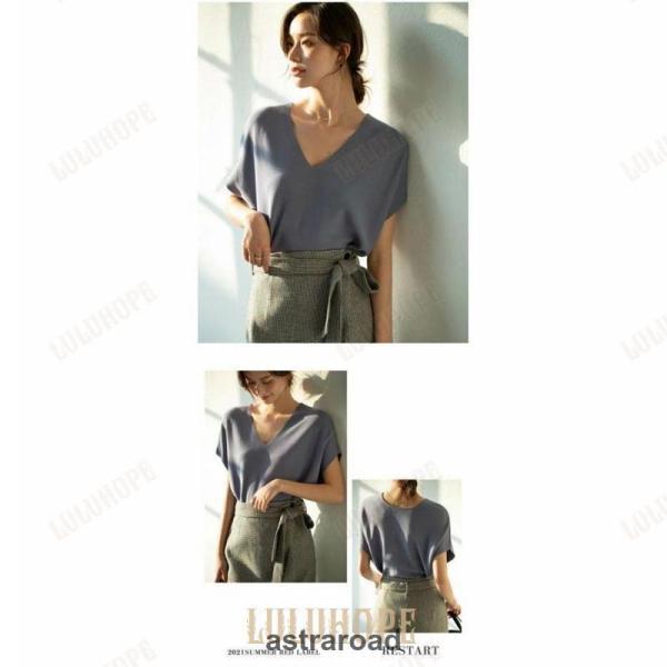 カットソー Tシャツ ブラウス レディース 春 夏 Vネック トップス 薄手 ニット 柔らかい 半袖 ストレッチ 接触冷感 オフィス 通勤 OL 上品 女性らしい 大人 おし