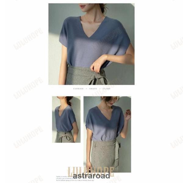 カットソー Tシャツ ブラウス レディース 春 夏 Vネック トップス 薄手 ニット 柔らかい 半袖 ストレッチ 接触冷感 オフィス 通勤 OL 上品 女性らしい 大人 おし