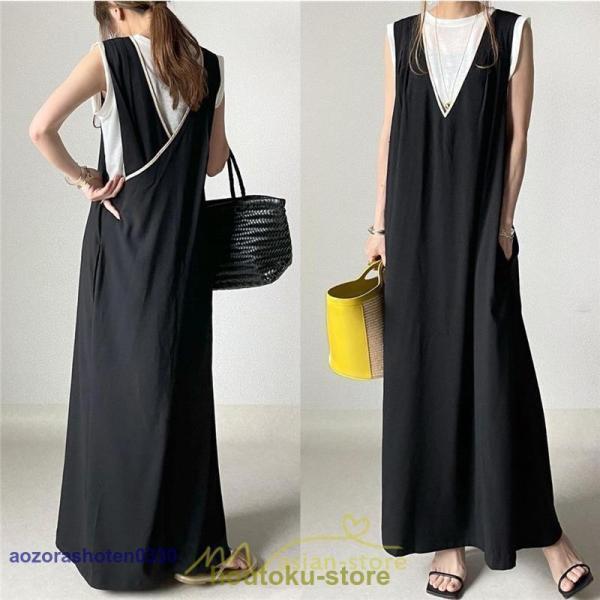 タンクワンピース 30代40代 サロペットワンピース ロングワンピース ノースリーブ 黒ワンピ 大人 夏物 秋服 レディース Vネック スリット 50代