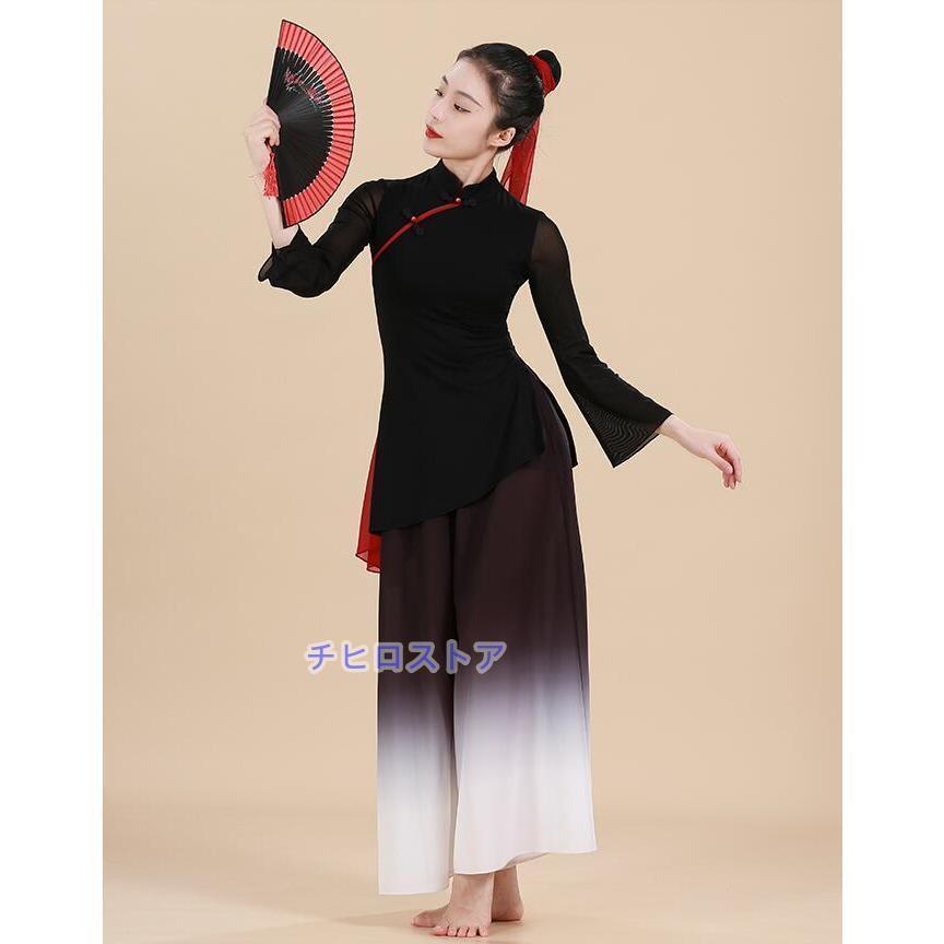 中華ダンス衣装上下2点セット レディース 中国古典舞踊ダンス衣装 長袖 チャイナブラウス ロング丈 グラデーションガウチョパンツ ワイド チャイナ民族風 ダンス