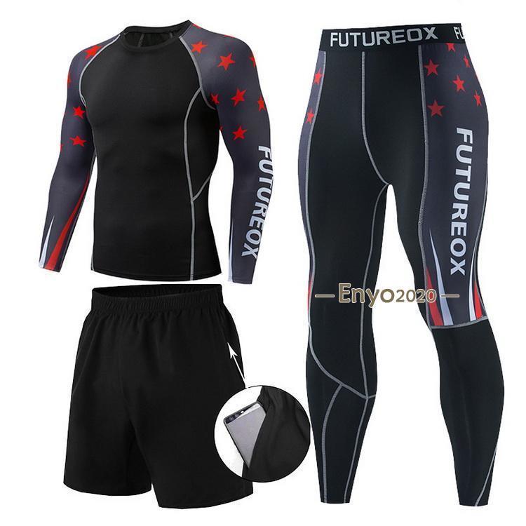 サイクルジャージ フィットネスウエア 3枚組 コンプレッションウェア 上下セット 加圧シャツ ハーフパンツ ロングタイツ トレーニング メンズ